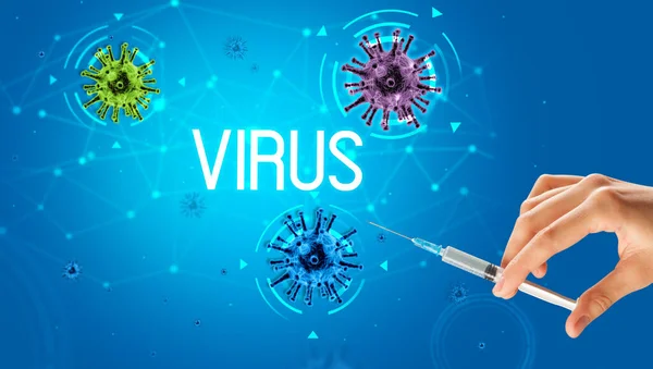 Jeringa, inyección médica en la mano, concepto de vacuna contra el coronavirus —  Fotos de Stock