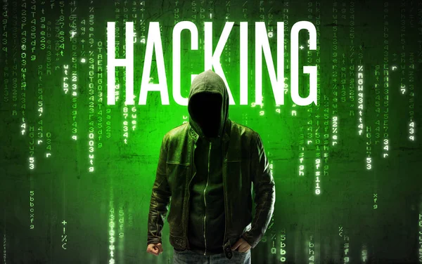 Faceless hacker with inscription — Stock Photo, Image