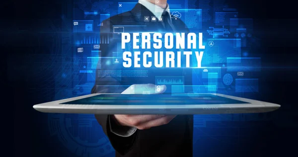 Person holding tablet, security concept — Stock Photo, Image