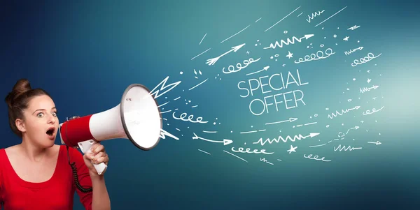 Young girl screaming to megaphone — Stock Photo, Image