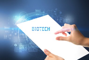 El işi fütüristik tablet, teknoloji konsepti.