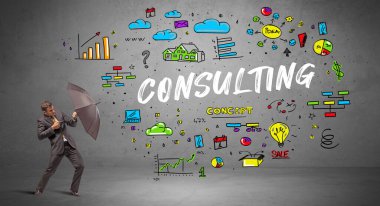 Şemsiyenin arkasına saklanan iş adamı