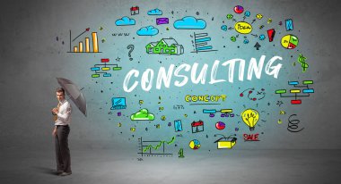 Şemsiyenin arkasına saklanan iş adamı