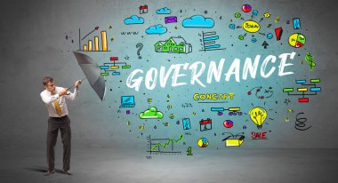 Şemsiyenin arkasına saklanan iş adamı