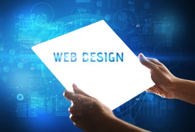 El işi fütüristik tablet, teknoloji konsepti.