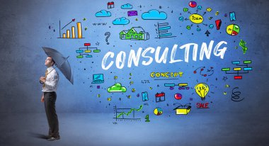 Şemsiyenin arkasına saklanan iş adamı