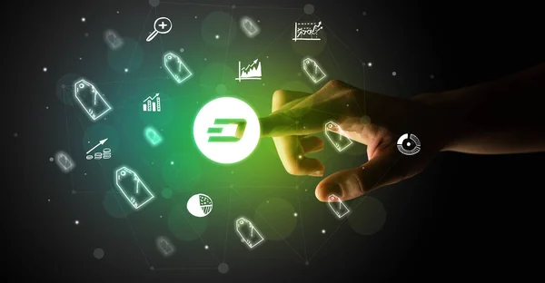 Businessman finger touching on screen multimedia interface with hand drawn currency icons