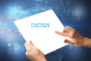 El işi fütüristik tablet, teknoloji konsepti.