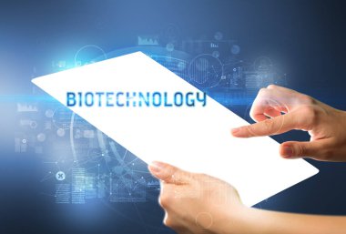 El işi fütüristik tablet, teknoloji konsepti.