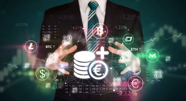 Geschäftsmann mit Währungssymbolen — Stockfoto