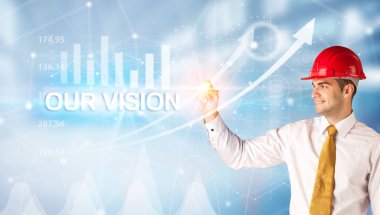 Miğfer konsepti olan genç iş adamı.