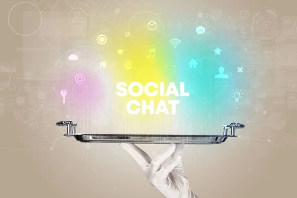 Waiter serving social networking concept — ストック写真