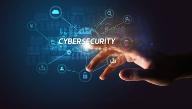 Hand touching cybersecurity button concept