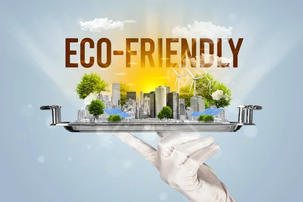 Waiter serving eco cityscape concept — Stock Photo, Image