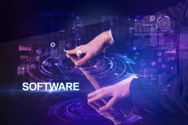 Businessman touching huge display concept