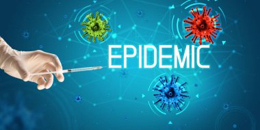 Şırınga, elinde tıbbi enjeksiyon, koronavirüs aşısı konsepti.