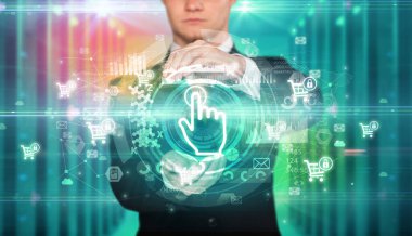 Teknoloji simgesi taşıyan iş adamı