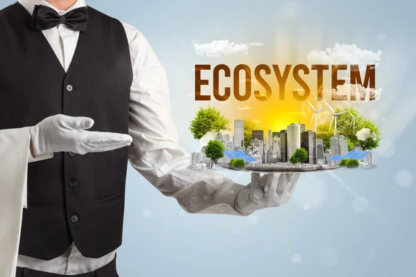 Waiter serving eco cityscape concept — Photo