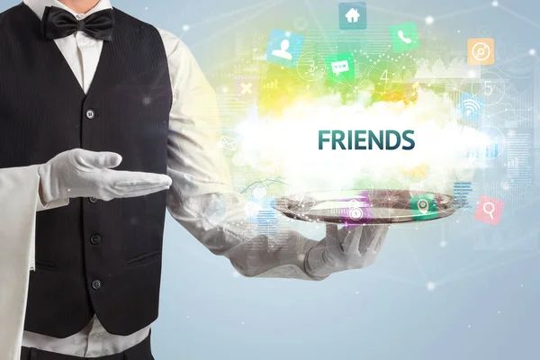 Waiter serving social networking concept — Photo