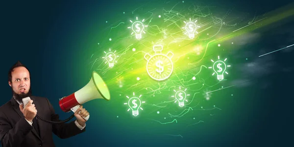 Young person with megaphone and currency icon — Stock Photo, Image