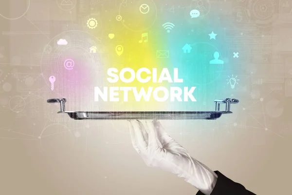 Waiter serving social networking concept — ストック写真