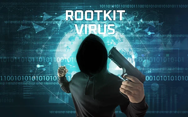 Faceless hacker at work with ROOTKIT VIRUS inscription, Computer