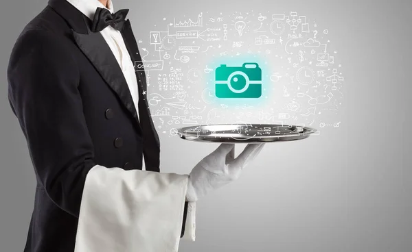 Close-up of waiter serving social media icons — Stock Photo, Image