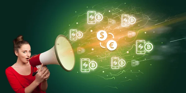Young person with megaphone and currency icon — Stock Photo, Image