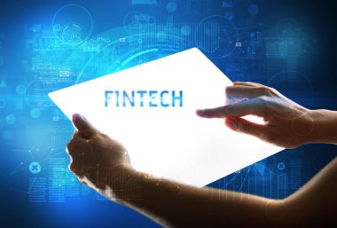 El işi fütüristik tablet, teknoloji konsepti.