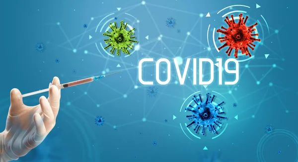 Jeringa, inyección médica en la mano, concepto de vacuna contra el coronavirus — Foto de Stock