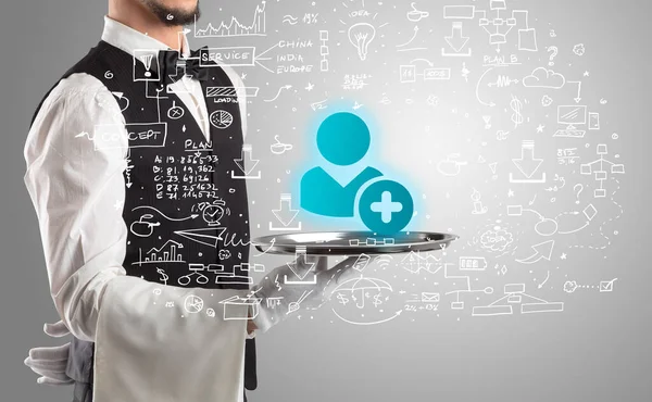 Close-up of waiter serving social media icons — Stock Photo, Image