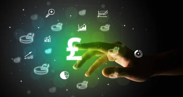 Empresário dedo tocando na tela interface multimídia com ícones de moeda desenhados à mão — Fotografia de Stock