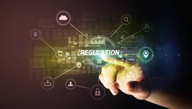 Hand touching cybersecurity button concept