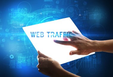 El işi fütüristik tablet, teknoloji konsepti.