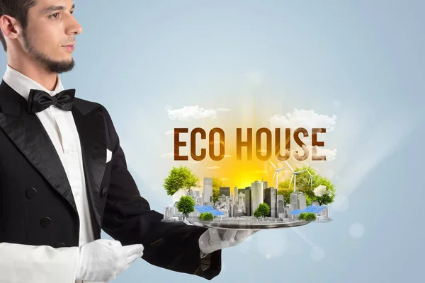 Waiter serving eco cityscape concept — Stockfoto