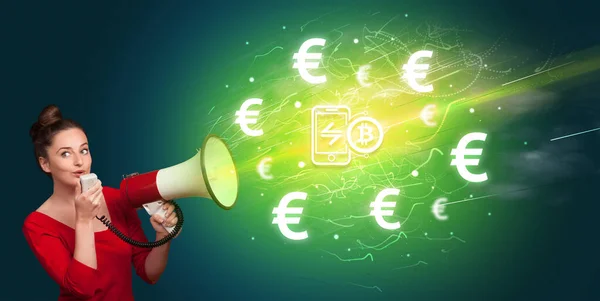 Young person with megaphone and currency icon — Stock Photo, Image