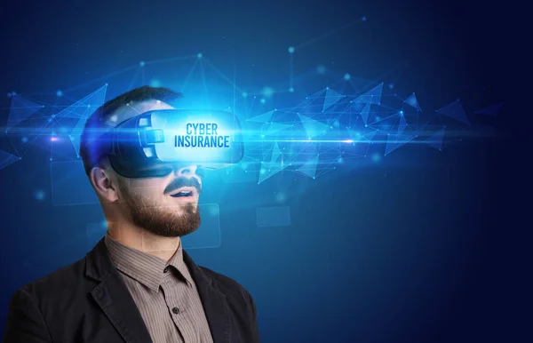 Businessman looking through Virtual Reality glasses, virtual security concept — Stock Photo, Image