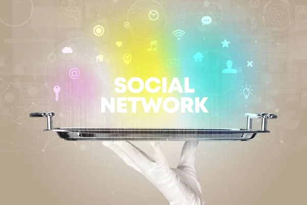 Waiter serving social networking concept — Stock Fotó