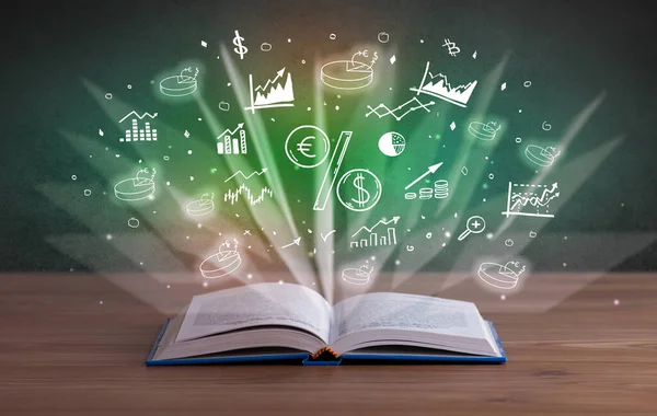 Open book with profit icons above — Stock Photo, Image