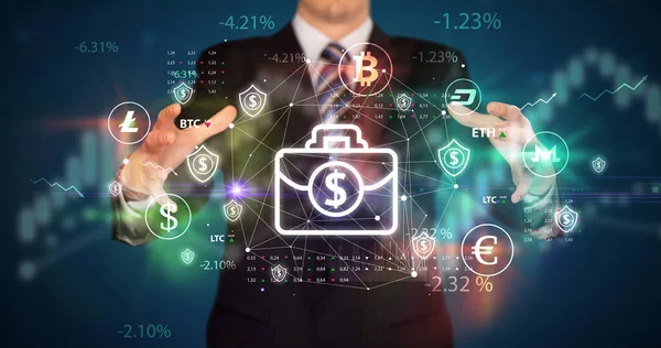 Affärsman som innehar valuta symboler koncept — Stockfoto