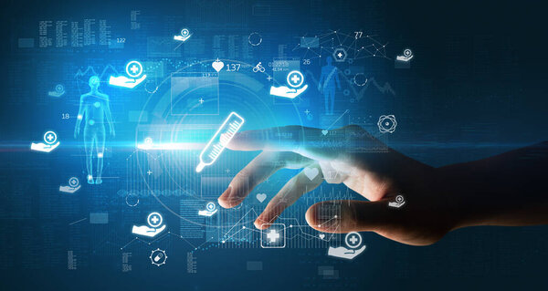 Врач вручную нажимает футуристическое устройство здоровья с медицинским символом на экране