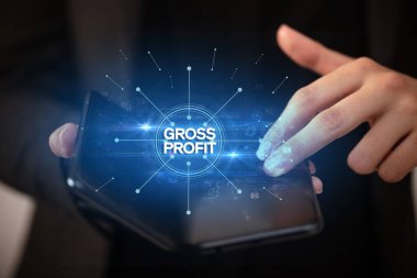 İş adamı katlanabilir bir akıllı telefon tutuyor, yeni iş konsepti