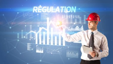 Sanal ekrana kask çizen genç iş adamı