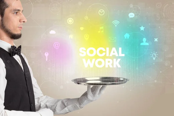Waiter serving social networking concept — Stock Photo, Image