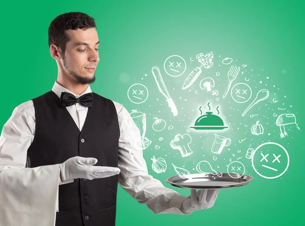 Servitör håller silver bricka med mat ikoner ovan — Stockfoto
