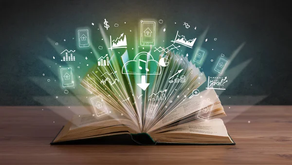 Open book with profit icons above — Stock Photo, Image