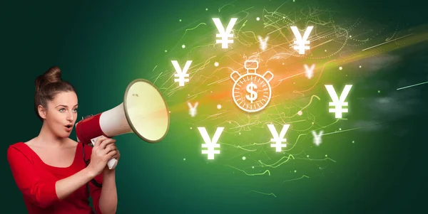 Young person with megaphone and currency icon — Stock Photo, Image