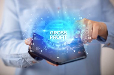 İş adamı katlanabilir bir akıllı telefon tutuyor, yeni iş konsepti