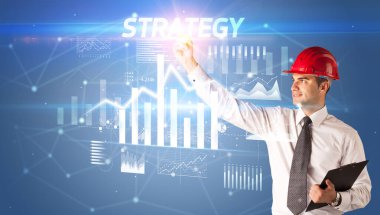 Sanal ekrana kask çizen genç iş adamı