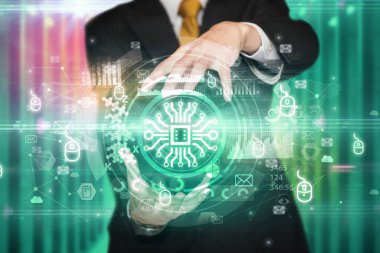 Teknoloji simgesi taşıyan iş adamı